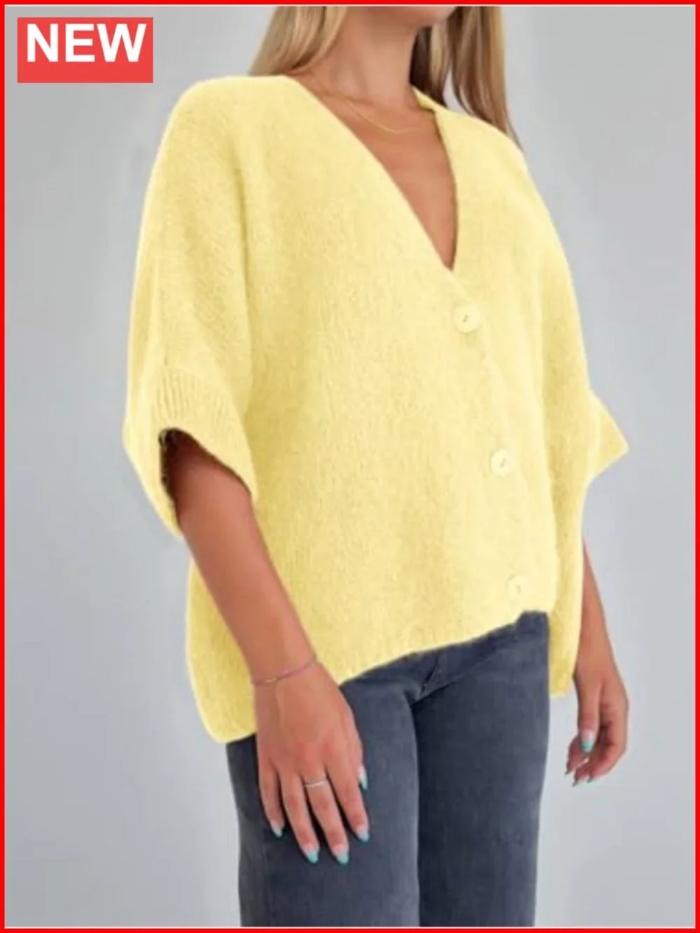 Oversized Short Sleeve Button Up V Neck Knit Cardigan Sweater